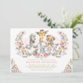 Farbenfrohe Blume Safari Animals Girl Baby Dusche Einladung (Stehend Vorderseite)