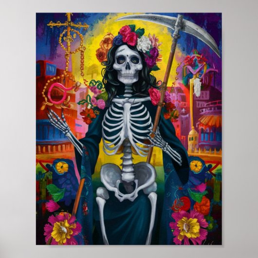 Farbenfrohe Blume Santa Muerte Poster (Vorne)