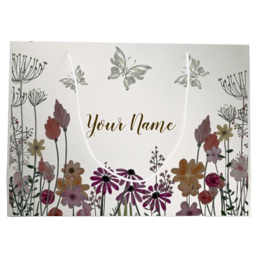 Farbenfrohe Blume Schmetterlinge Natur Rustikal Große Geschenktüte (Rückseite)