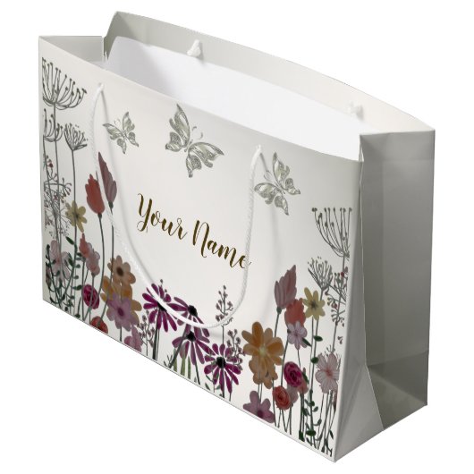 Farbenfrohe Blume Schmetterlinge Natur Rustikal Große Geschenktüte (Rückseite Schrägansicht)