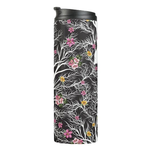 Farbenfrohe Blume: Schwarzer Baum Nahtlos Thermosbecher (Nach rechts gedreht)