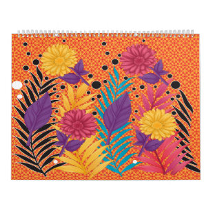 farbenfrohe Blume und Blätter auf schwarzem Hinter Kalender