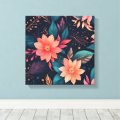 farbenfrohe Blume und Blätter auf schwarzem Hinter Leinwanddruck (Insitu (Holzboden))