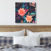 farbenfrohe Blume und Blätter auf schwarzem Hinter Leinwanddruck (Insitu (Schlafzimmer))