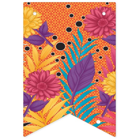 farbenfrohe Blume und Blätter auf schwarzem Hinter Wimpelkette (Erste Fahne)