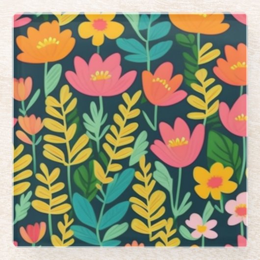 Farbenfrohe Blume und Blätter Glasuntersetzer (Vorderseite)