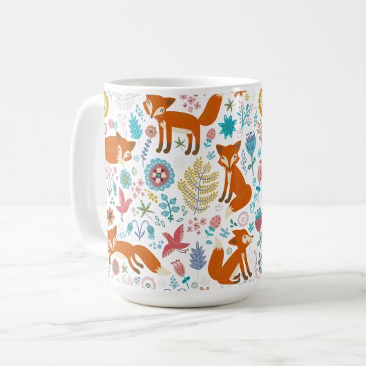 Farbenfrohe Blume- und Füchsmuster Kaffeetasse (Vorderseite Links)
