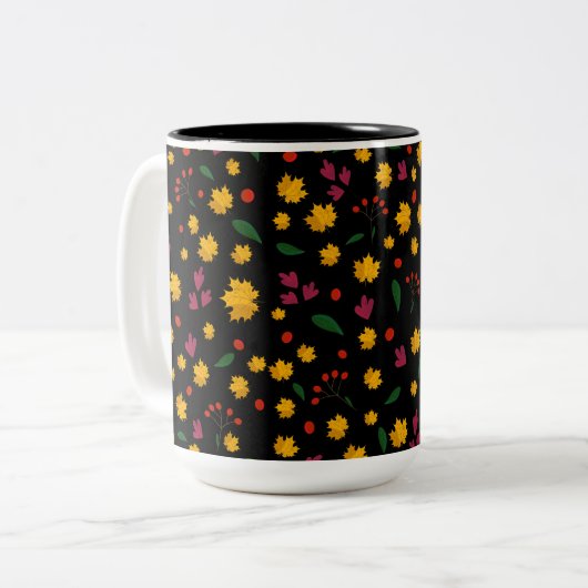 Farbenfrohe Blume und orangefarbene Blätter Zweifarbige Tasse (Vorderseite Links)