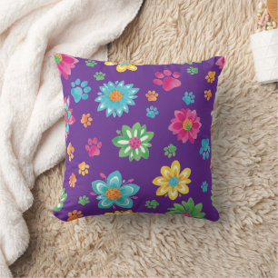 Farbenfrohe Blume und Paw Prints Kissen