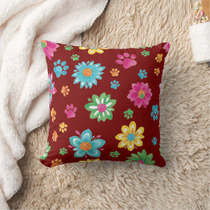 Farbenfrohe Blume und Paw Prints Kissen