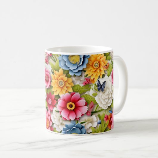 Farbenfrohe Blume und Schmetterlinge Kaffeetasse (VorderseiteRechts)