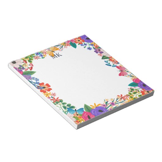 Farbenfrohe Blume und Schmetterlinge Mit Monogramm Notizblock (angewinkelt)