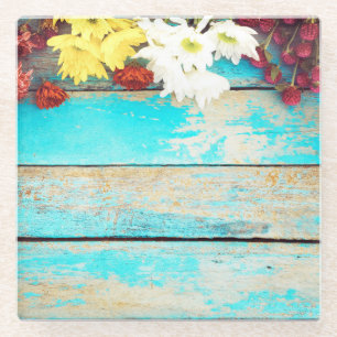 Farbenfrohe Blume, Vintager Holzrahmen. Glasuntersetzer