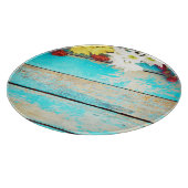 Farbenfrohe Blume, Vintager Holzrahmen. Schneidebrett (Ecke)