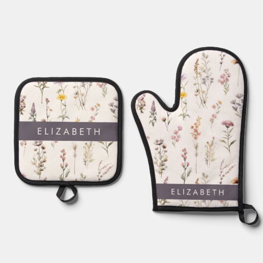 Farbenfrohe Blume, Wildblumen, Grünpflanzen, Ihr N Ofenhandschuh & Topflappen-Set (Vorderseite)