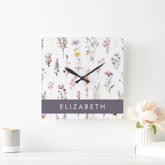 Farbenfrohe Blume, Wildblumen, Grünpflanzen, Ihr N Quadratische Wanduhr (Zuhause)