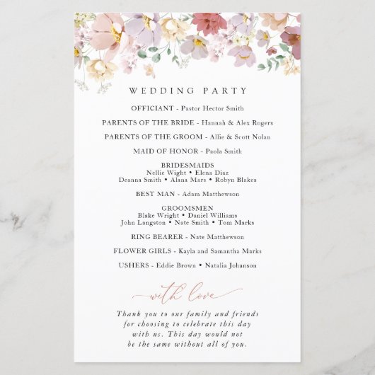 Farbenfrohe Blume, Wildblumen, Hochzeitsprogramm (Rückseite)