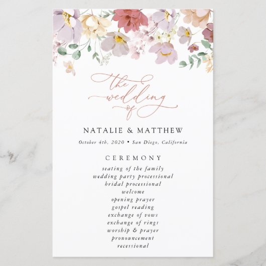 Farbenfrohe Blume, Wildblumen, Hochzeitsprogramm (Vorderseite)