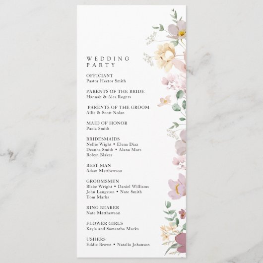 Farbenfrohe Blume, Wildblumen, Hochzeitsprogramm Programm (Rückseite)