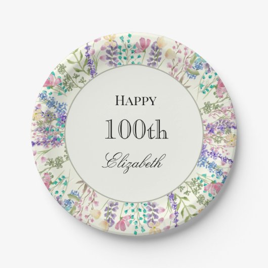 Farbenfrohe Blumen 100. Geburtstag Papier Teller (Vorderseite)