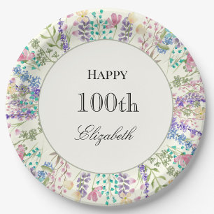 Farbenfrohe Blumen 100. Geburtstag Papier Teller