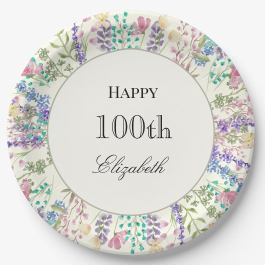 Farbenfrohe Blumen 100. Geburtstag Papier Teller