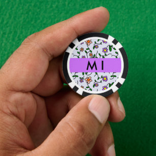 Farbenfrohe Blumen, blauer Hintergrund, Lila Pokerchips