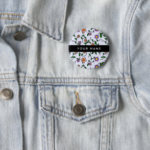Farbenfrohe Blumen, blauer Hintergrund, schwarz Button