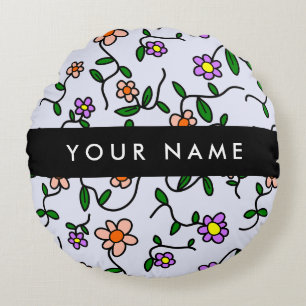 Farbenfrohe Blumen, blauer Hintergrund, schwarz Rundes Kissen