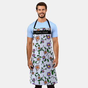 Farbenfrohe Blumen, blauer Hintergrund, schwarz Schürze
