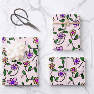 Farbenfrohe Blumen, Blumenmuster, Grünpflanzen, Bo Geschenkpapier Set