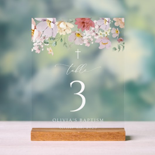 Farbenfrohe Blumen, Boho, Tauf-Tischnummern Acrylschild (Neutral)