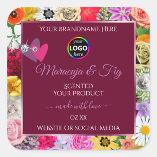 Farbenfrohe Blumen Burgund Produkt-Label-Herz-Logo Quadratischer Aufkleber