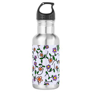 Farbenfrohe Blumen, Florales Muster, Grünpflanzen, Edelstahlflasche