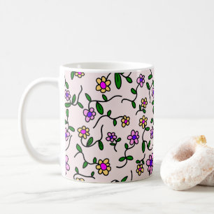 Farbenfrohe Blumen, Florales Muster, Grünpflanzen, Kaffeetasse
