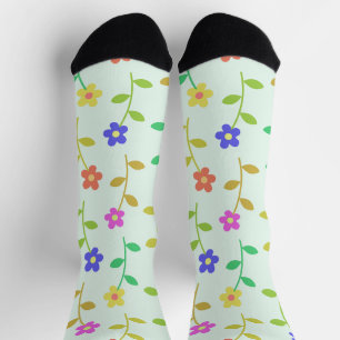 Farbenfrohe Blumen, florales Muster, Grünpflanzen, Socken