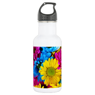 Farbenfrohe Blumen, Gänseblümchen - Blau Gelb Rosa Edelstahlflasche