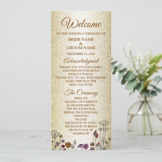 Farbenfrohe Blumen Golden Glitzer Hochzeitsprogram (Stehend Vorderseite)