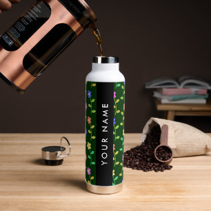 Farbenfrohe Blumen, grüner Hintergrund, Schwarz Trinkflasche