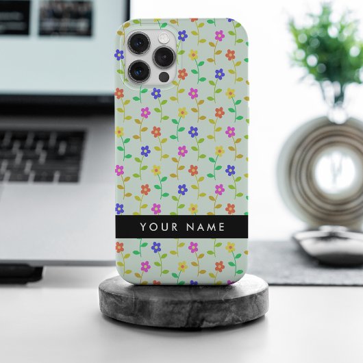 Farbenfrohe Blumen, hellgrüner Hintergrund, Schwar iPhone Hülle