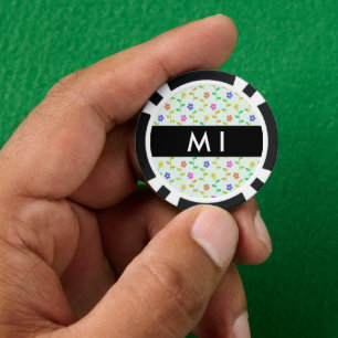 Farbenfrohe Blumen, hellgrüner Hintergrund, Schwar Pokerchips