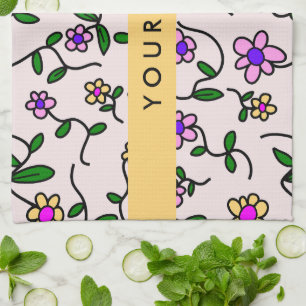 Farbenfrohe Blumen, rosa Hintergrund, gelb Geschirrtuch