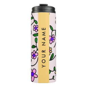 Farbenfrohe Blumen, rosa Hintergrund, gelb Thermosbecher