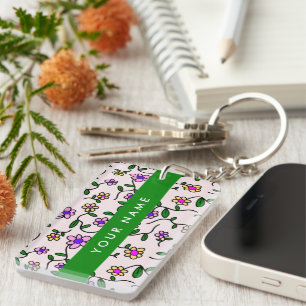 Farbenfrohe Blumen, rosa Hintergrund, Grün Schlüsselanhänger