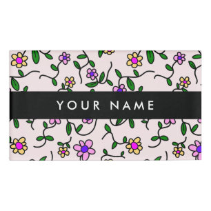 Farbenfrohe Blumen, rosa Hintergrund, Schwarz Namenschild