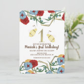 Farbenfrohe Blumen und Bienengarten Erster Geburts Einladung (Stehend Vorderseite)