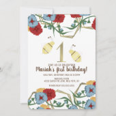 Farbenfrohe Blumen und Bienengarten Erster Geburts Einladung (Vorderseite)