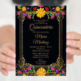 Farbenfrohe Blumen und schwarzer Hintergrund Quinc Einladung