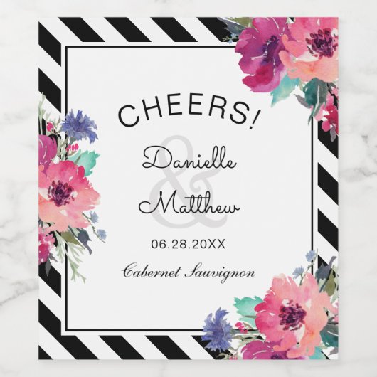 Farbenfrohe Blumen und Streifen Hochzeit Weinetikett (Einzelnes Label)