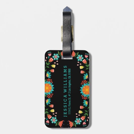 Farbenfrohe Blumenarbeit schwarzer Hintergrund Gepäckanhänger (Rückseite vertikal)